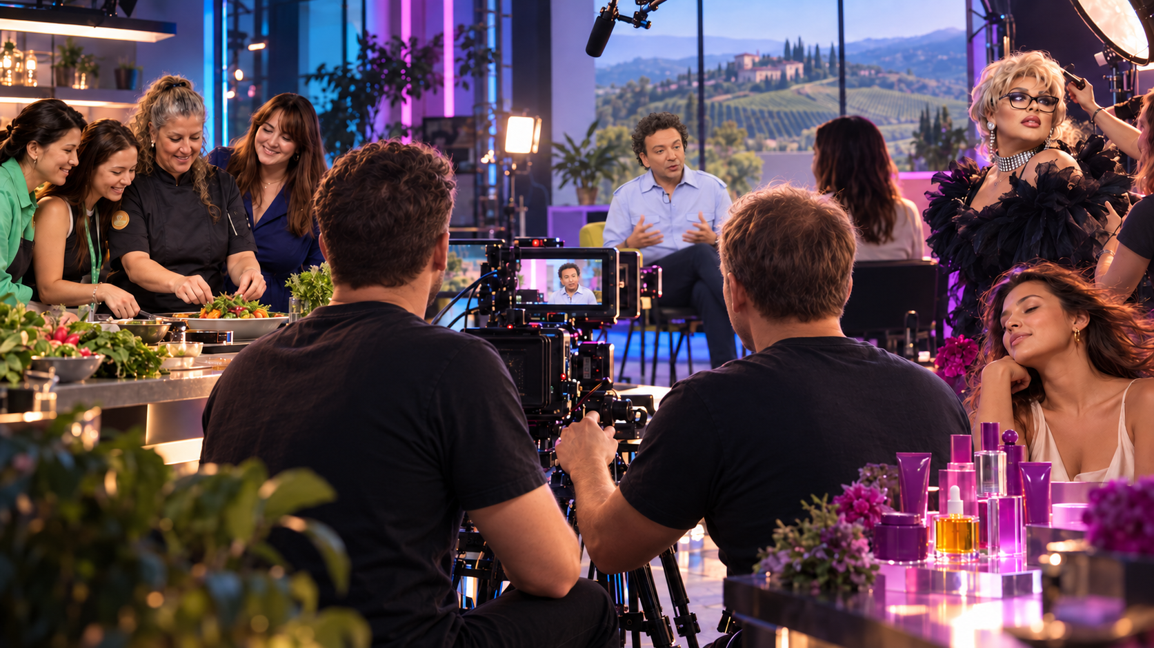 Image imaginée de Gabin et Édouard filmant de dos Fabrice Parra en interview, entourés d’une équipe culinaire, d’artistes et de produits