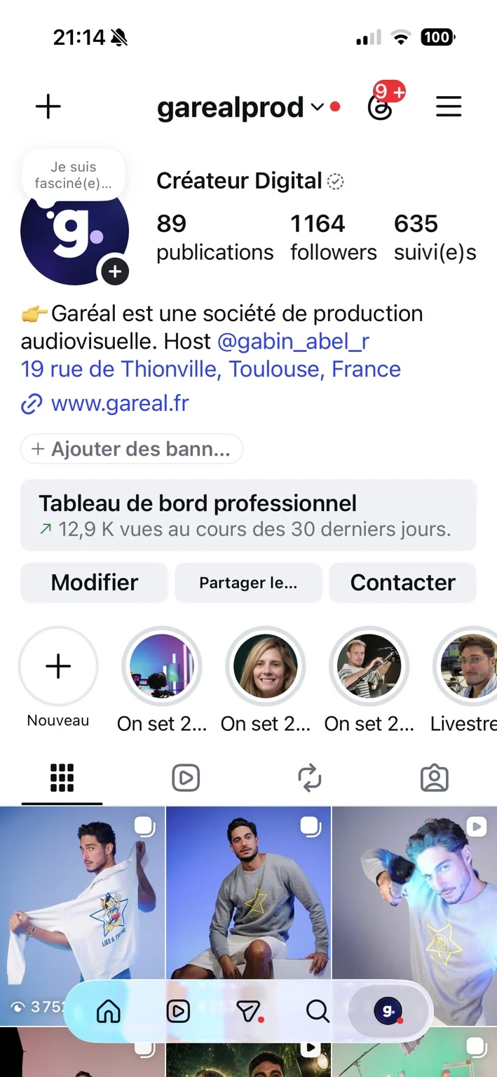Capture du profil Instagram Garéal Prod et de ses publications